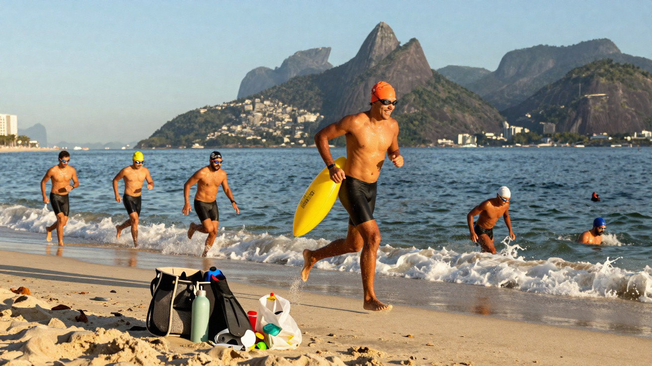 Mehrere Schwimmer mit Badekappen laufen am Strand mit Bergen und Meer im Hintergrund.