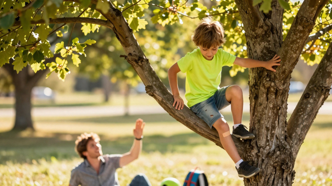 Junge klettert auf Baum, während ein Mann unten sitzt und ihm aufmerksam zuschaut im Park.