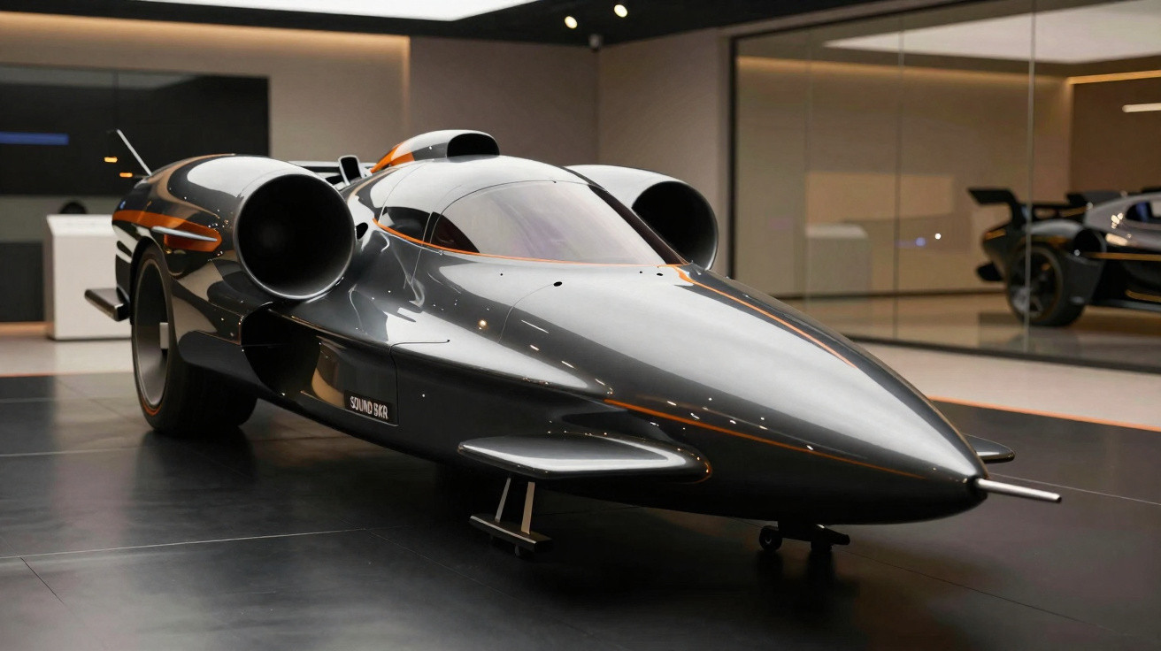 Futuristisches Konzeptauto mit stromlinienförmigem Design und großen Lufteinlässen in einer modernen Ausstellung.