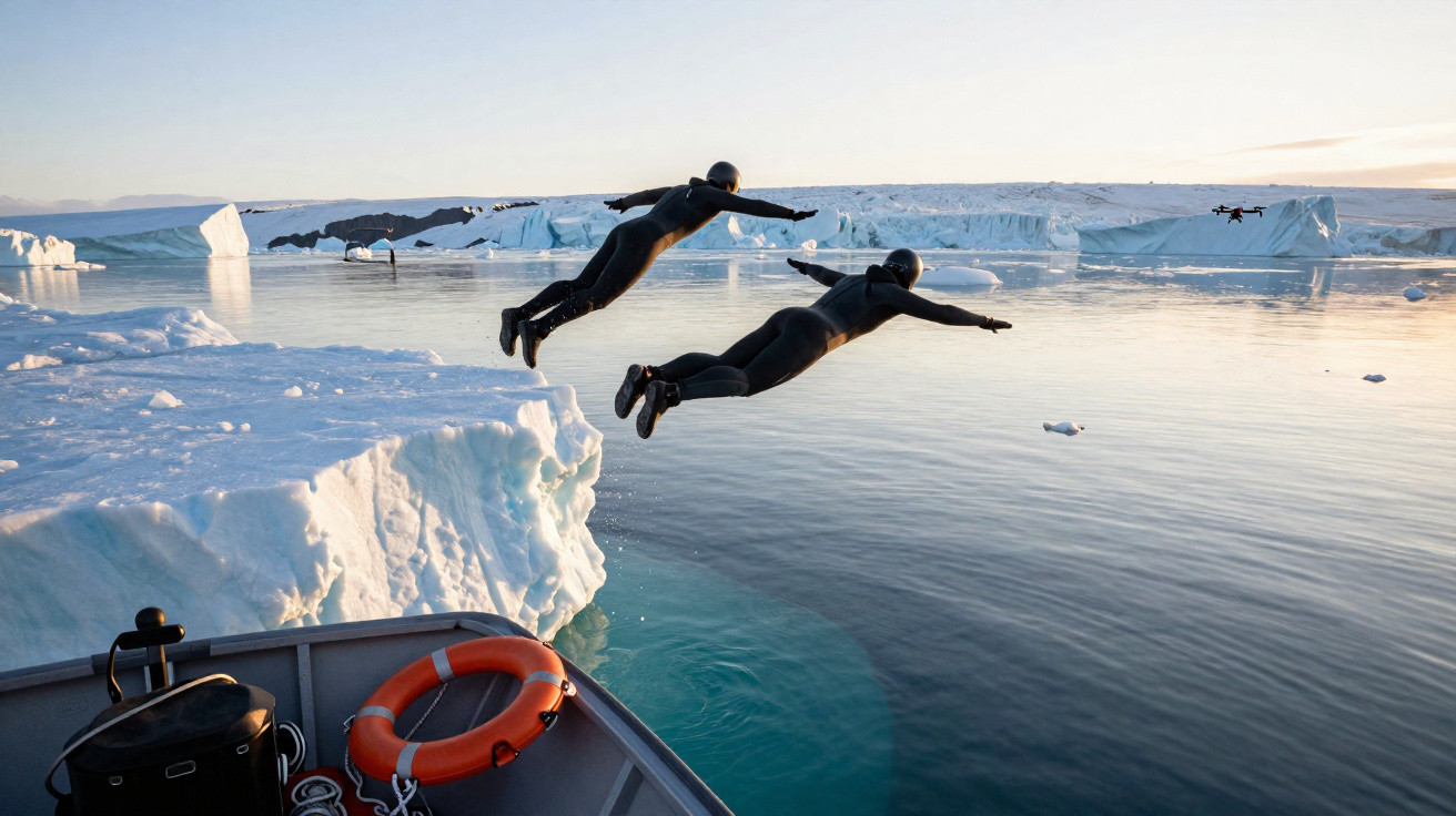 Zwei Personen in Neoprenanzügen springen von einem Eisberg in eisiges Wasser bei Sonnenuntergang.