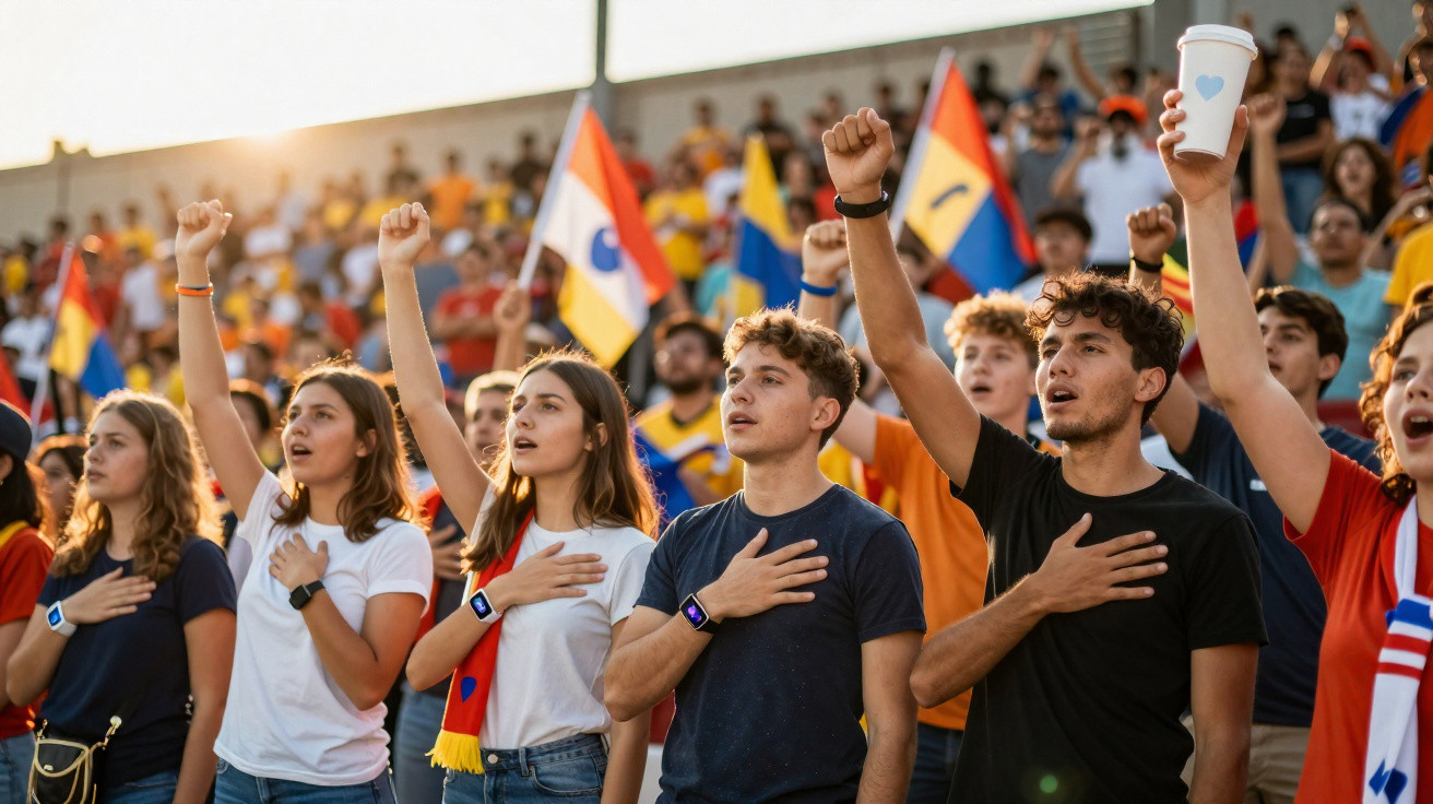Junge Fans mit Hand aufs Herz singen Nationalhymne im Stadion, viele halten Fahnen und singen mit Enthusiasmus.
