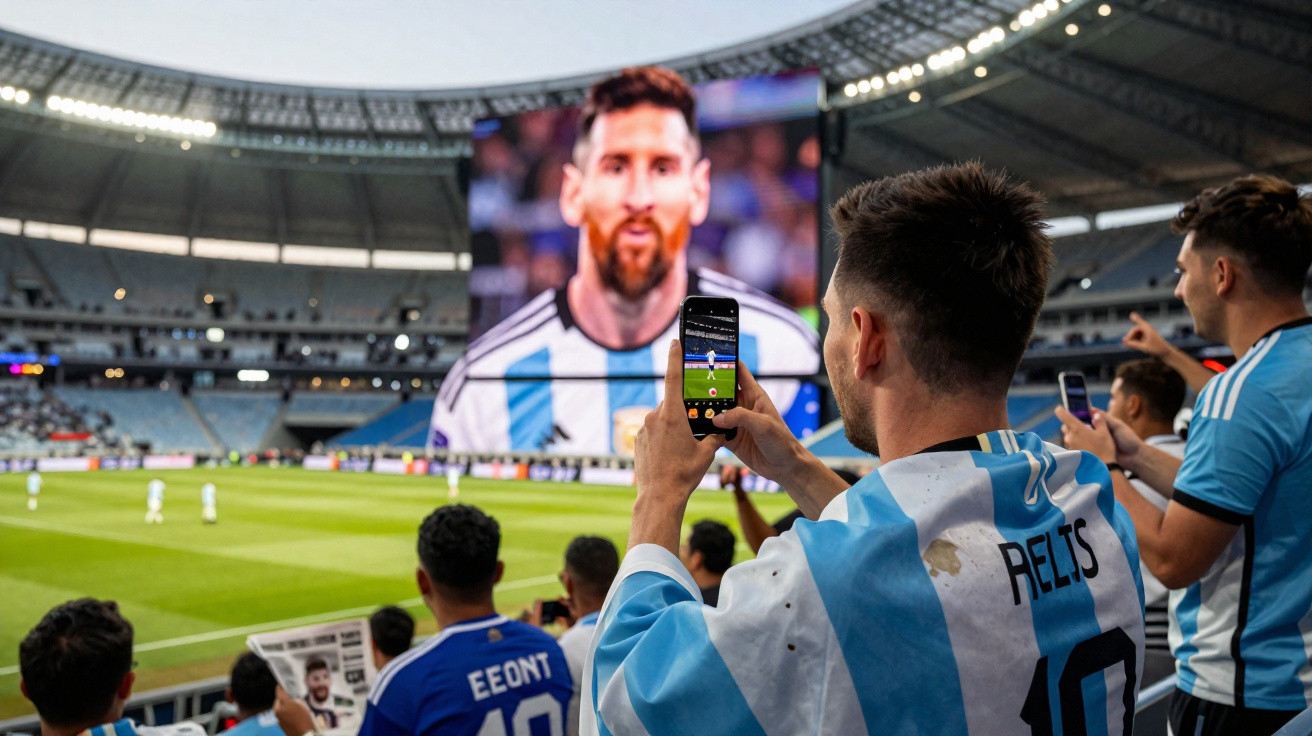 Fußballfans in argentinischen Trikots fotografieren ein Stadion mit großem Bildschirm und Lionel Messi darauf.