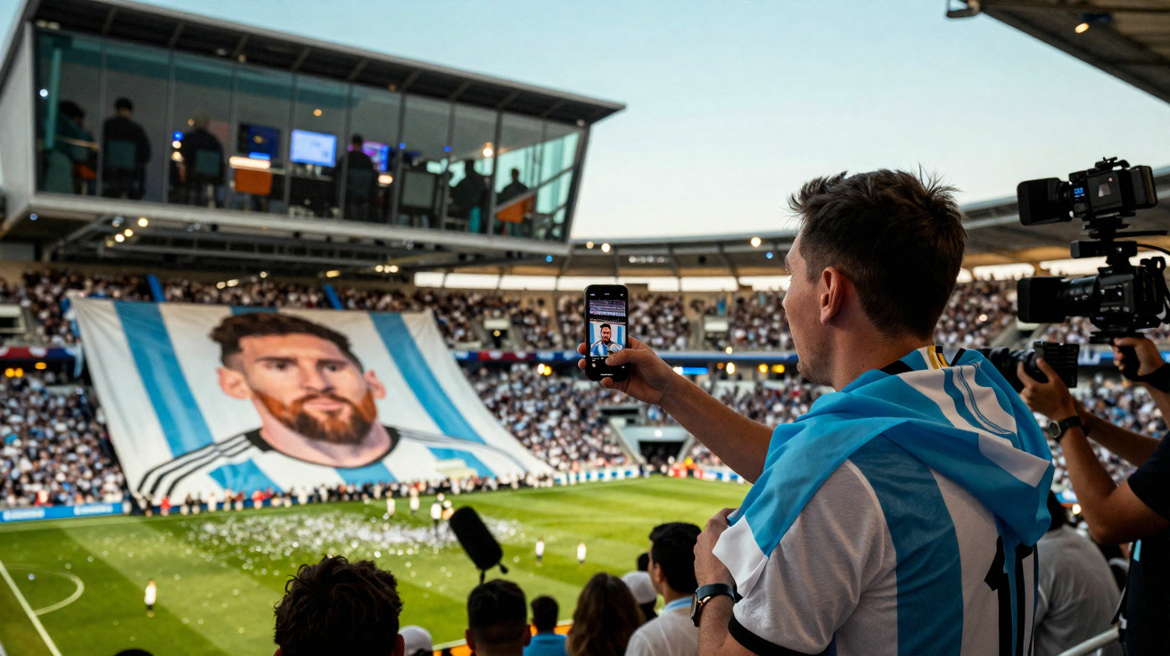 Fußballfans mit argentinischer Flagge und großem Banner von Lionel Messi im Stadion bei Spielbeginn.