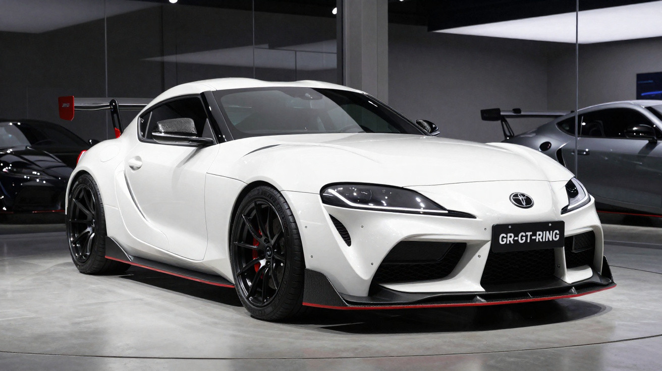 Weißer Sportwagen Toyota GR Supra mit schwarzem Rennsport-Design in moderner Ausstellungshalle.