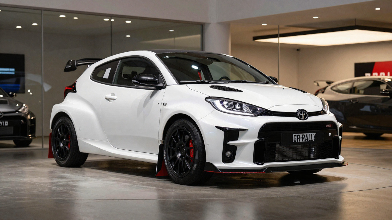Weißer Toyota GR Yaris mit Sportfelgen und Spoiler in einem modernen Autohaus.