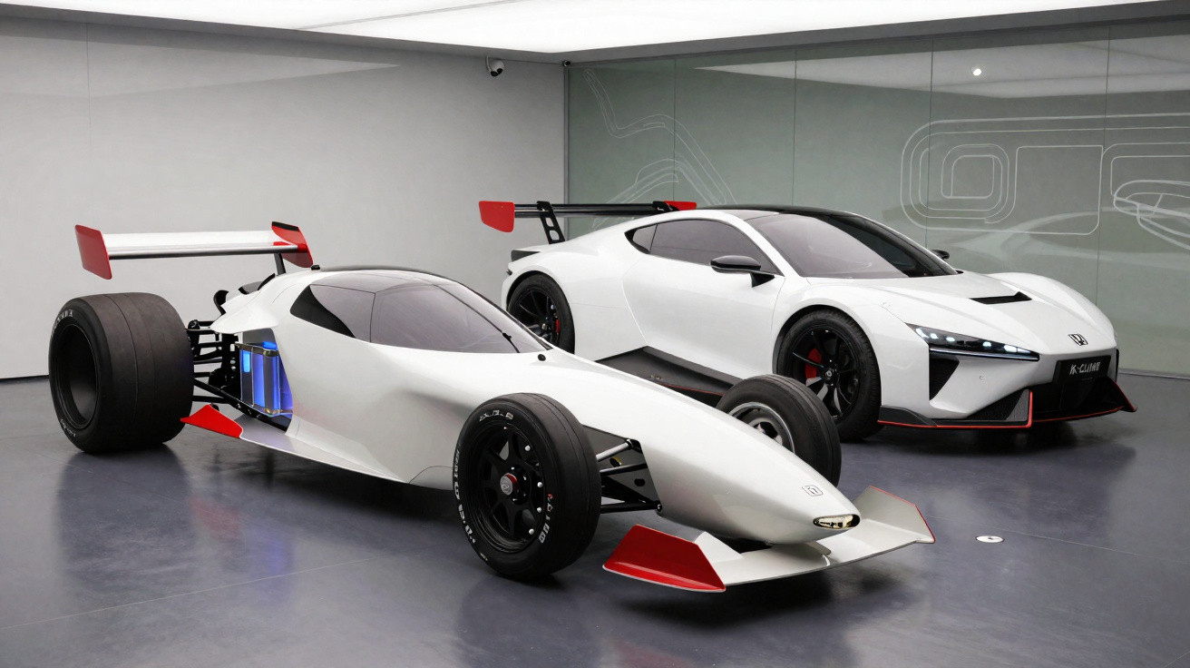 Zwei weiße Rennfahrzeuge, ein Formel-Rennwagen und ein Sportwagen, in moderner Ausstellungshalle.