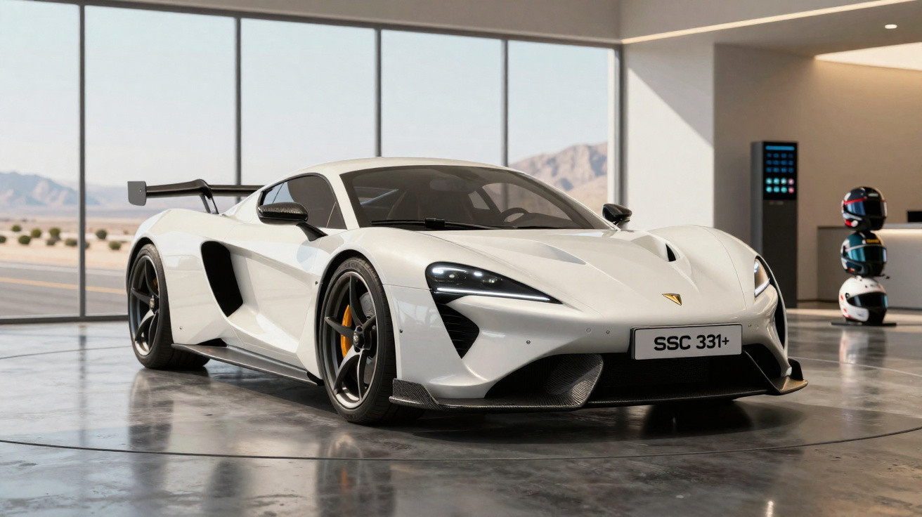 Weißer sportlicher Supersportwagen SSC 331+ in moderner Garage mit Rennhelmen im Hintergrund.