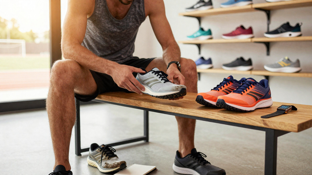 Mann sitzt auf Bank im Sportgeschäft und hält eine Laufschuh in der Hand, daneben weitere Laufschuhe.