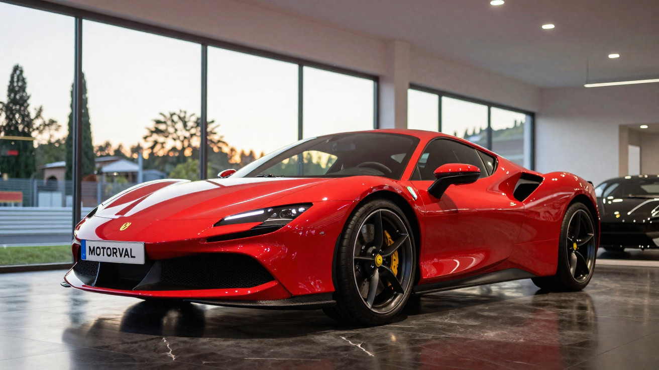Roter Ferrari-Sportwagen in einem modernen Showroom mit großen Fenstern und glänzendem Boden.