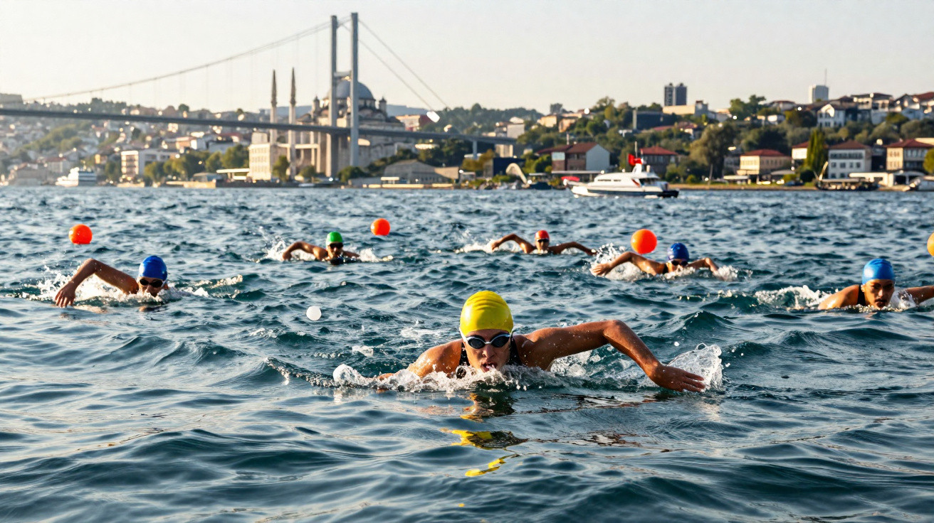Mehrere Schwimmer mit bunten Badekappen im offenen Wasser, im Hintergrund Brücke und Stadtansicht.
