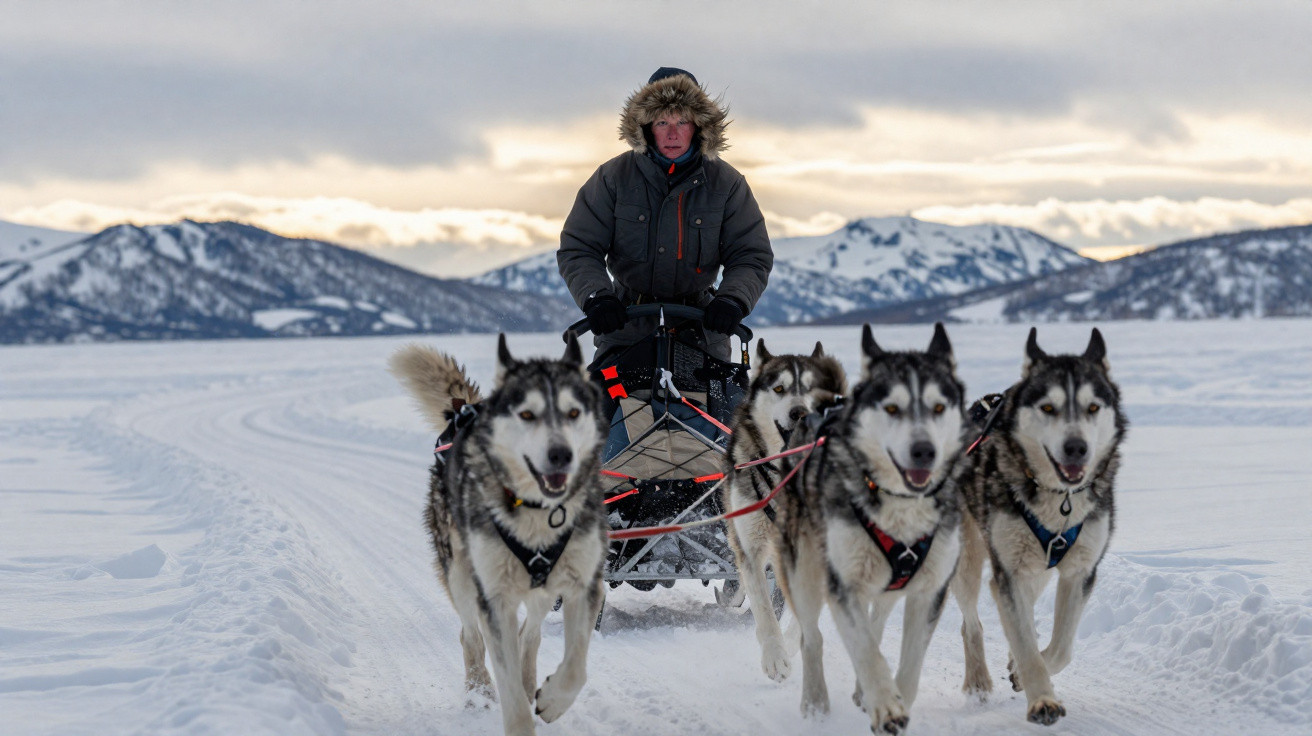 Person im Wintermantel lenkt Hundeschlitten mit vier Huskys vor schneebedeckten Bergen bei Dämmerung.