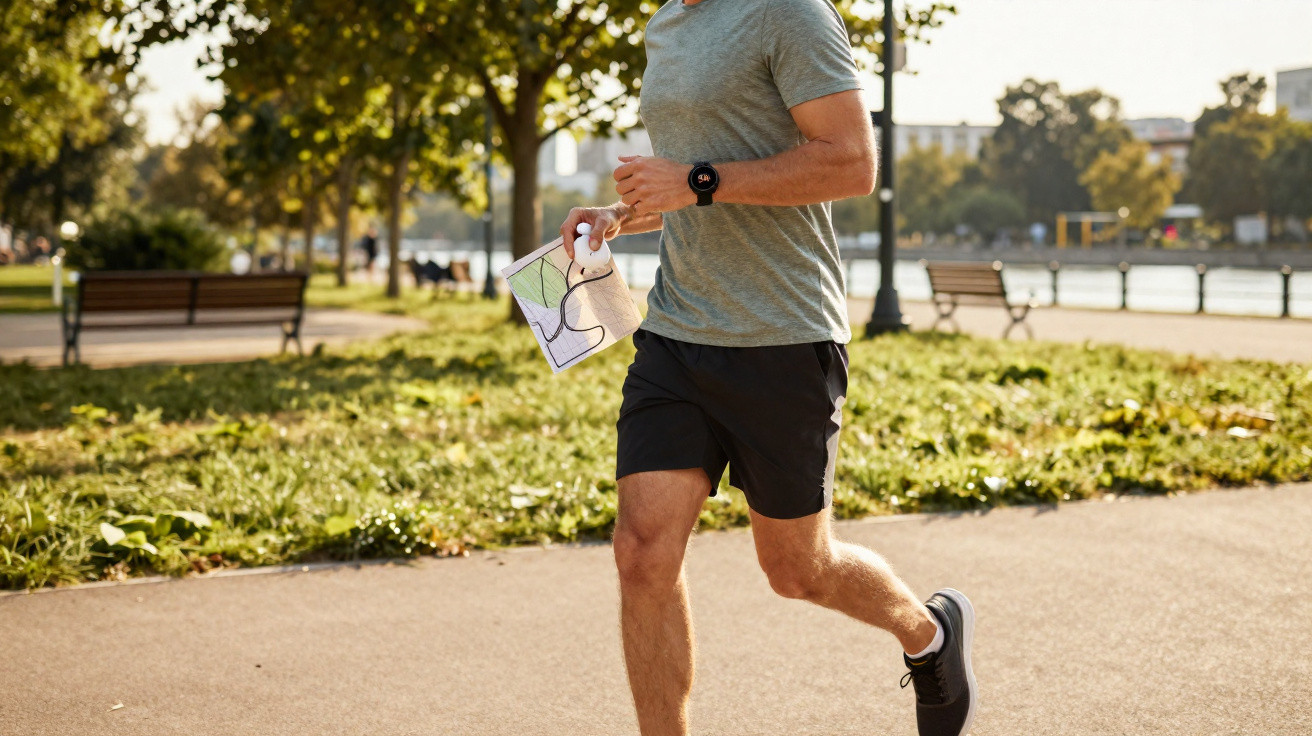Mann joggt im Park mit Karte und Kopfhörern in der Hand an sonnigem Tag entlang eines Flusses.