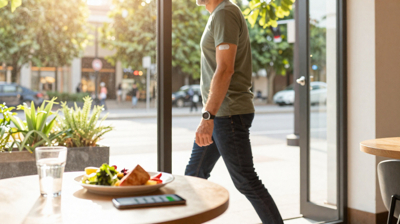 Mann mit Smartwatch und Sensor am Oberarm verlässt Café, im Vordergrund Teller mit Essen, Glas Wasser und Smartphone auf Tisc