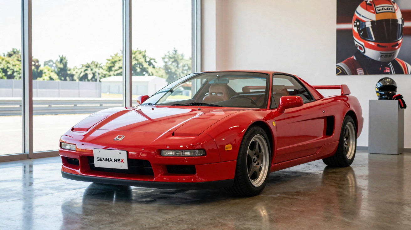 Roter Honda Senna NSX Sportwagen in einer modernen Ausstellungshalle mit großen Fenstern.