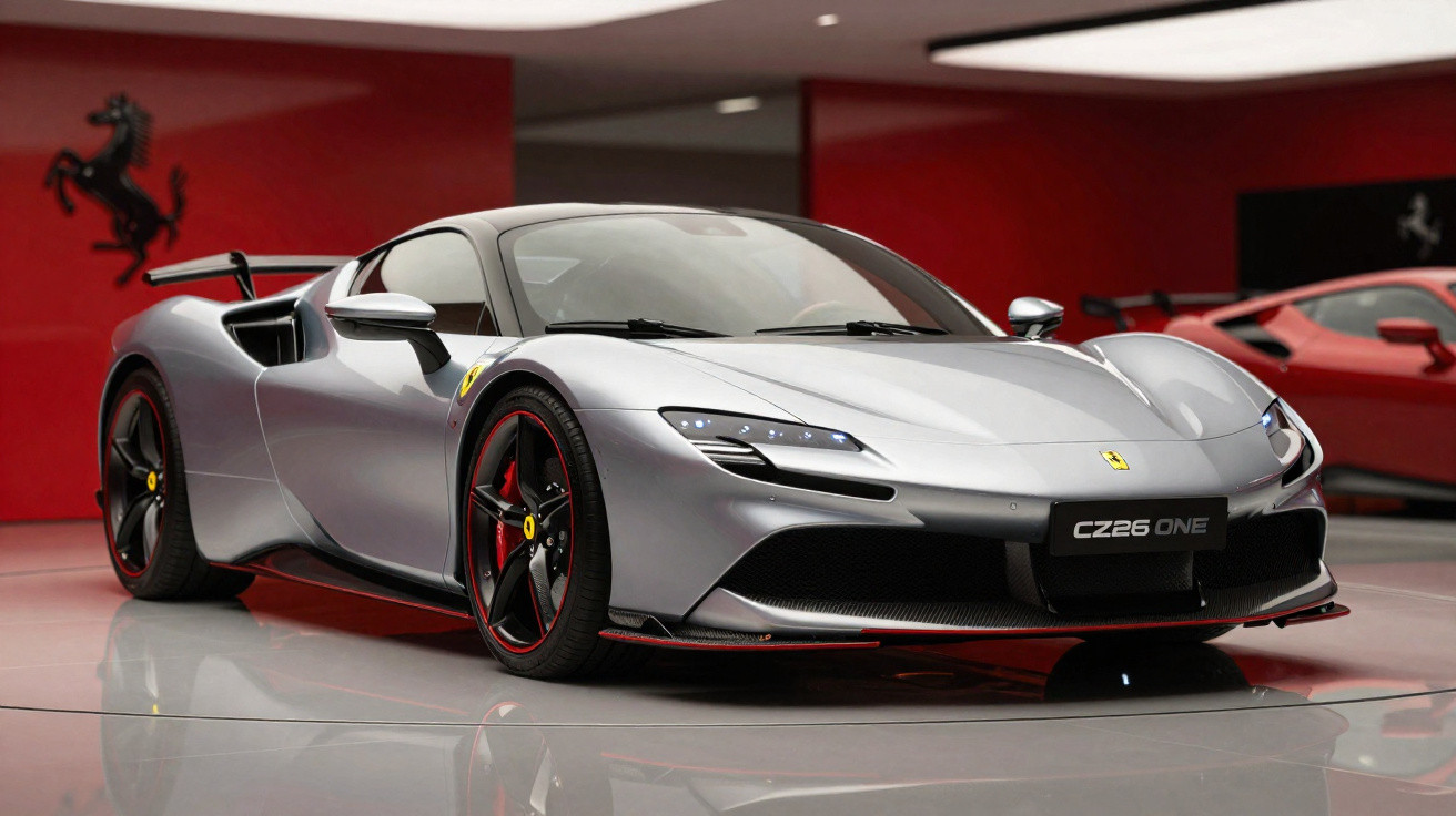 Silberner Ferrari CZ26 One Sportwagen auf glänzendem Boden vor rotem Hintergrund mit Ferrari-Logo.