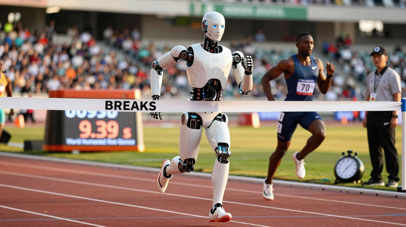 Ein humanoider Roboter überquert als Erster die Ziellinie eines Stadionlaufs, ein Athlet folgt dahinter.