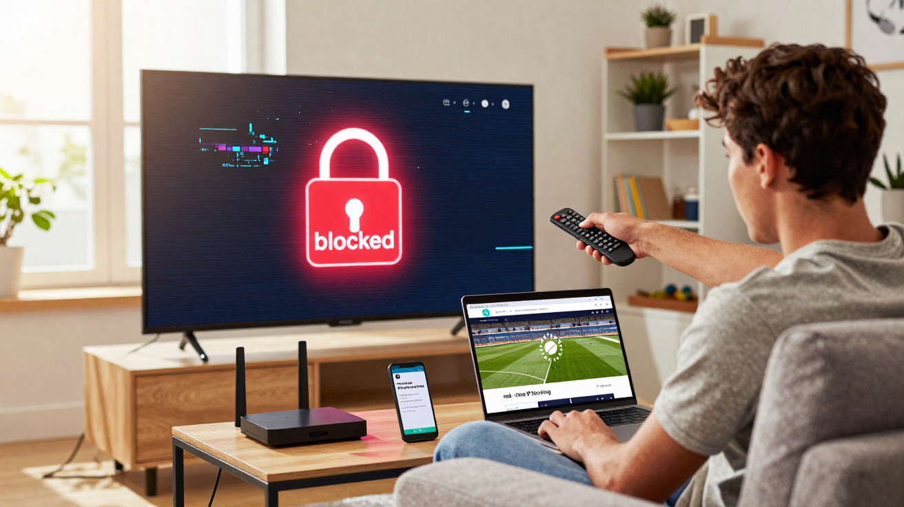 Junger Mann auf Sofa steuert TV mit "blocked"-Sperre, Laptop und Smartphone mit Sportseite auf Tisch vor ihm.