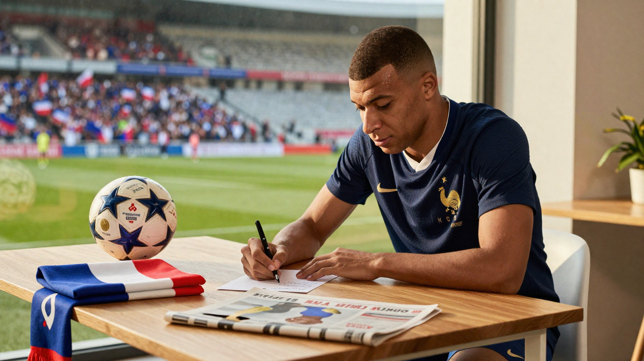 Fußballspieler in Frankreich-Trikot unterschreibt Vertrag am Tisch mit Fan-Schal und Ball im Hintergrund.