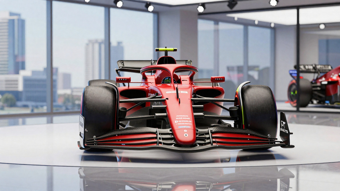 Rotes Formel-1-Rennauto in moderner Ausstellungshalle mit Großstadtkulisse im Hintergrund.
