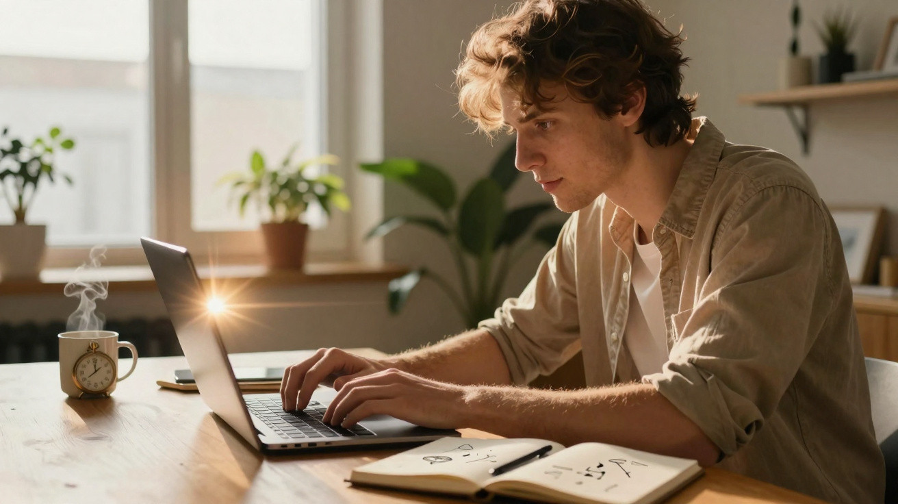 Junger Mann arbeitet konzentriert an Laptop am Tisch mit offener Notizbuch und dampfender Tasse Kaffee.
