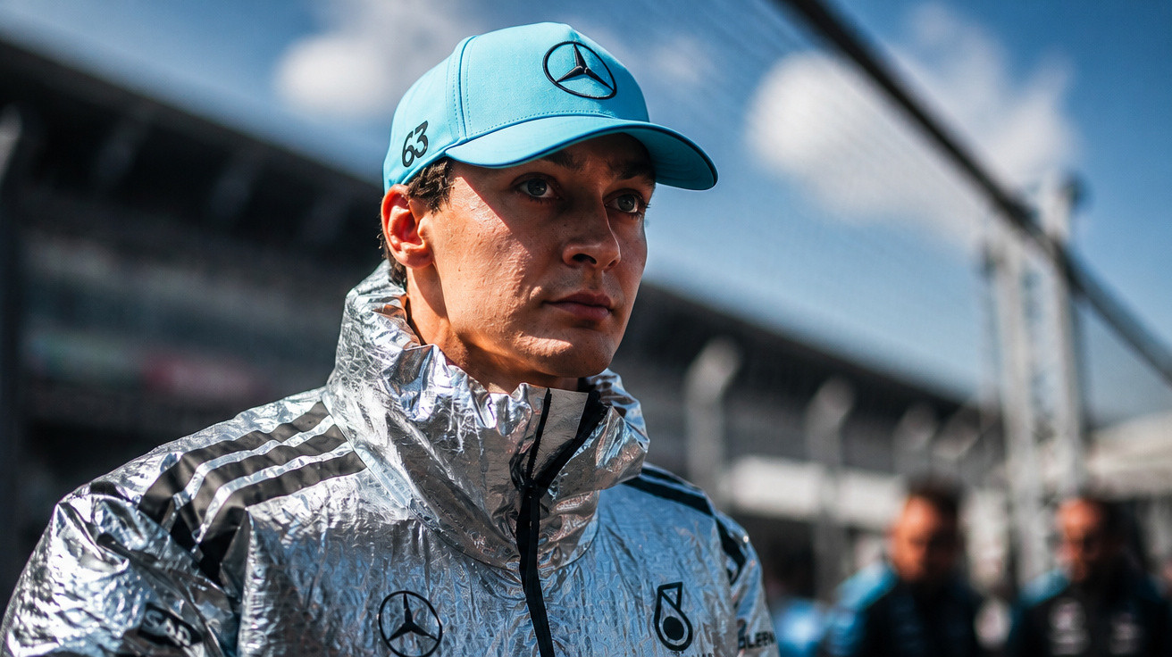 Porträt eines Rennfahrers mit Mercedes-Logo auf Mütze und Jacke vor Rennstrecke bei bewölktem Himmel.