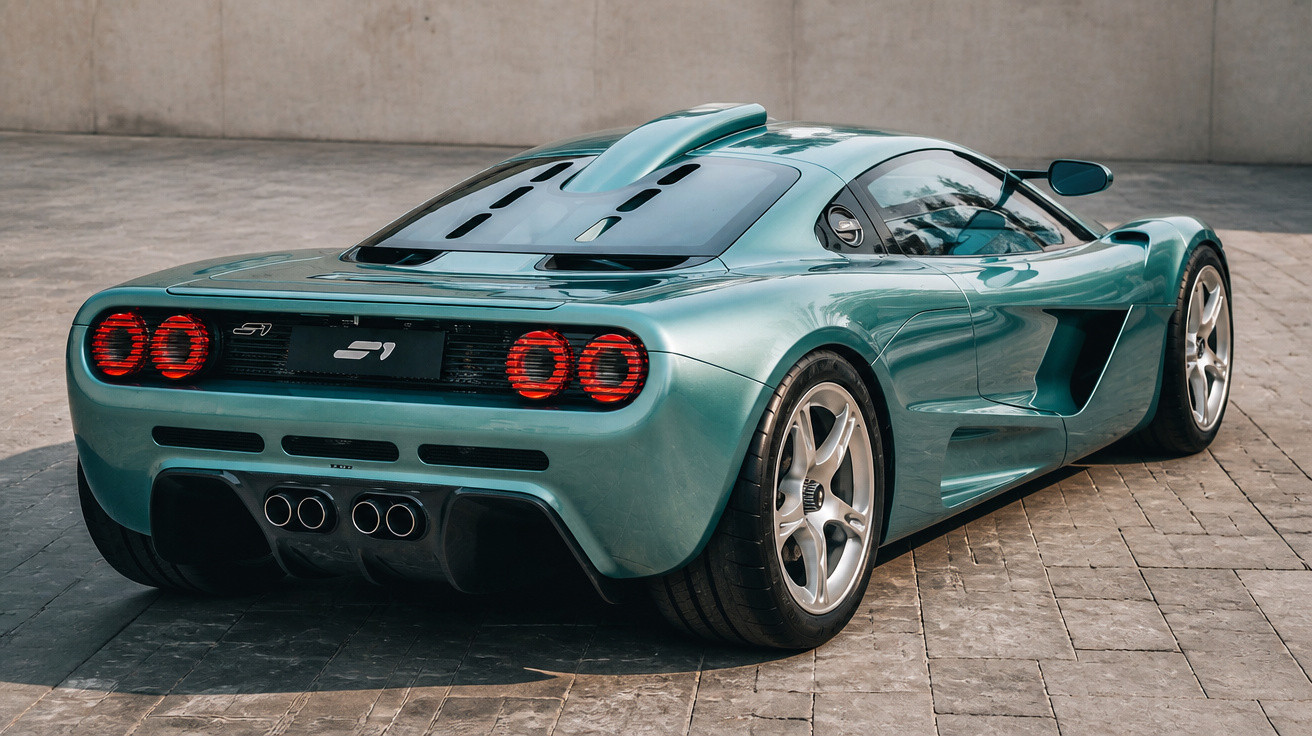 Sportlicher grüner Supersportwagen McLaren S1 von hinten auf Pflastersteinboden vor grauer Wand