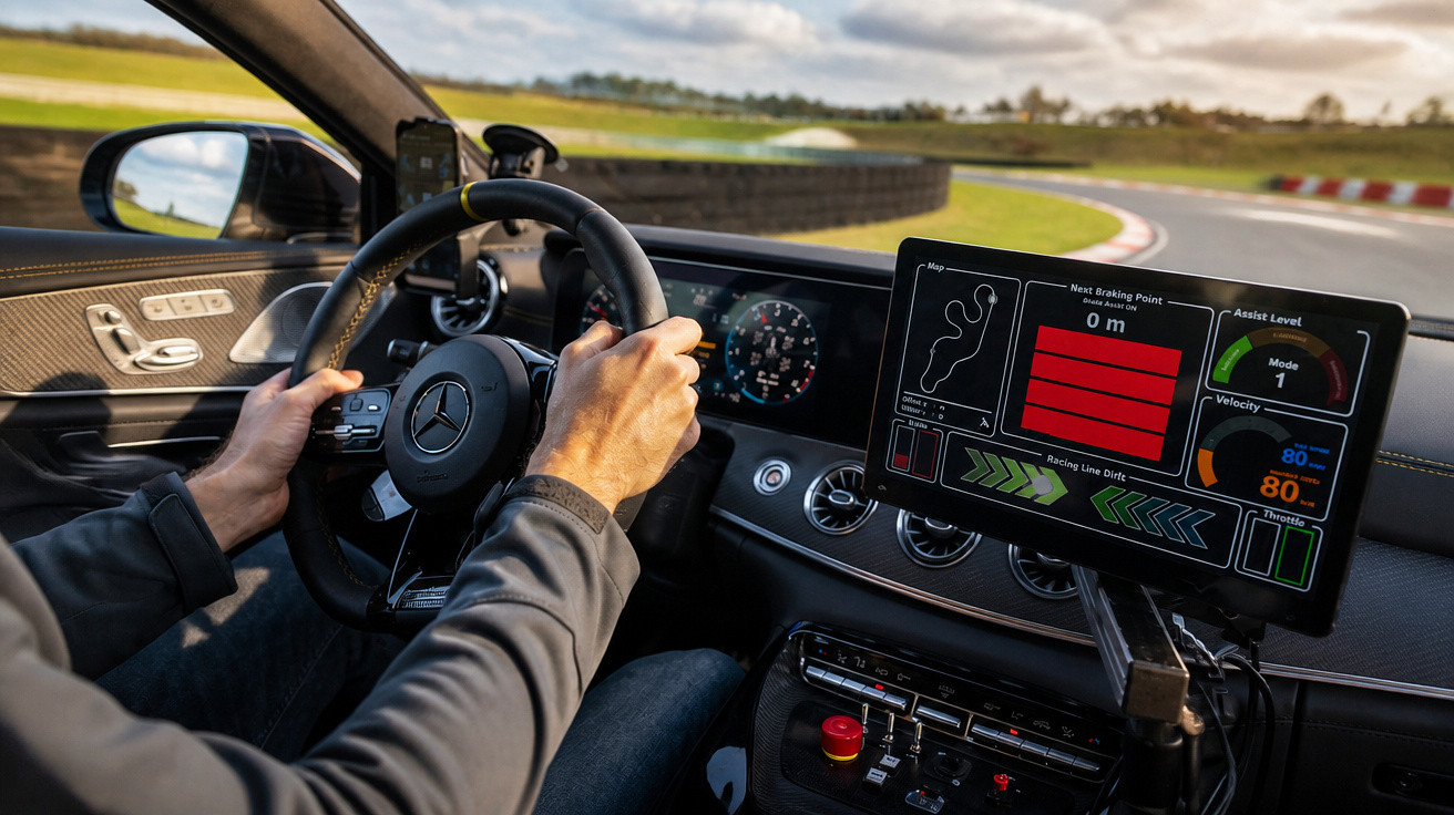 Fahrer hält Lenkrad eines Mercedes auf Rennstrecke, digitales Display zeigt Fahrdaten und Streckenverlauf.
