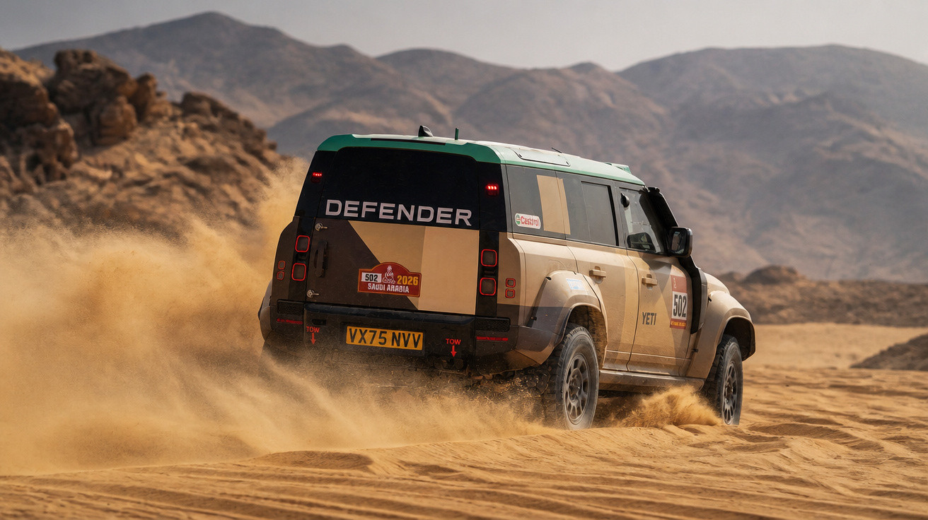 Offroad-Fahrzeug Land Rover Defender fährt durch sandige Wüstenlandschaft mit Bergen im Hintergrund.