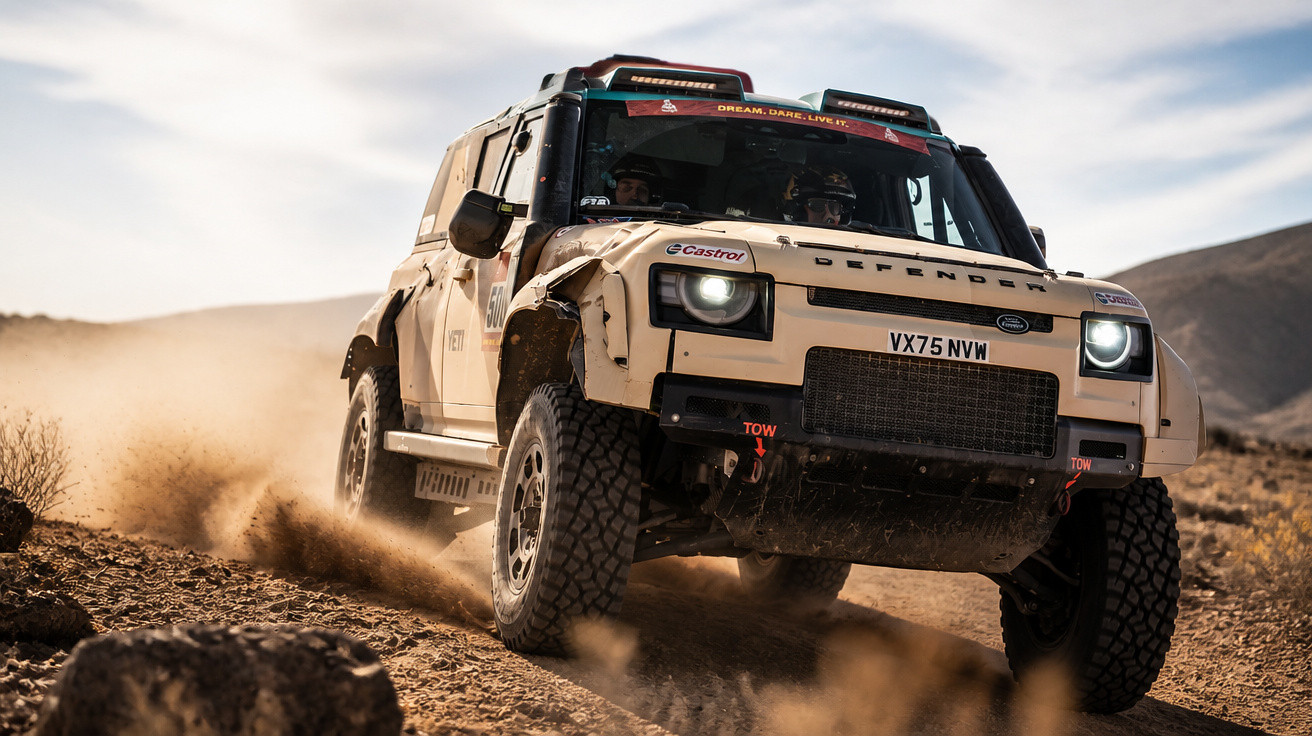 Geländewagen Land Rover Defender fährt staubigen Offroad-Weg in trockenem, bergigem Gelände.