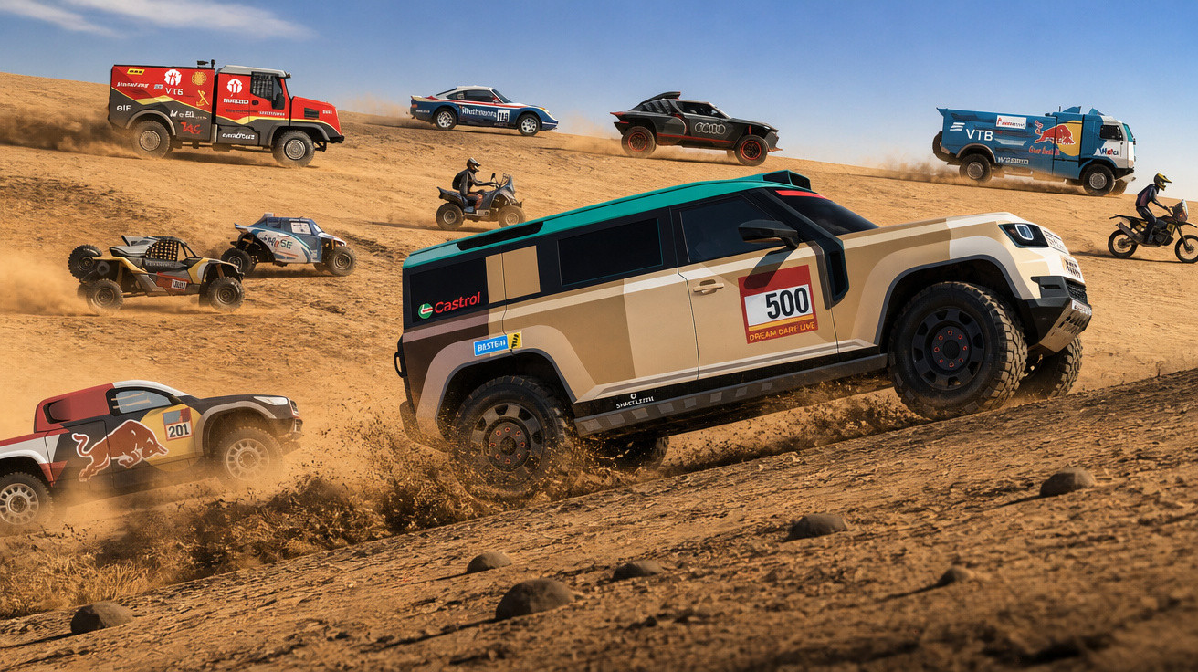 Geländefahrzeuge und Motorräder kämpfen sich durch eine staubige Wüstenlandschaft bei einem Offroad-Rennen.