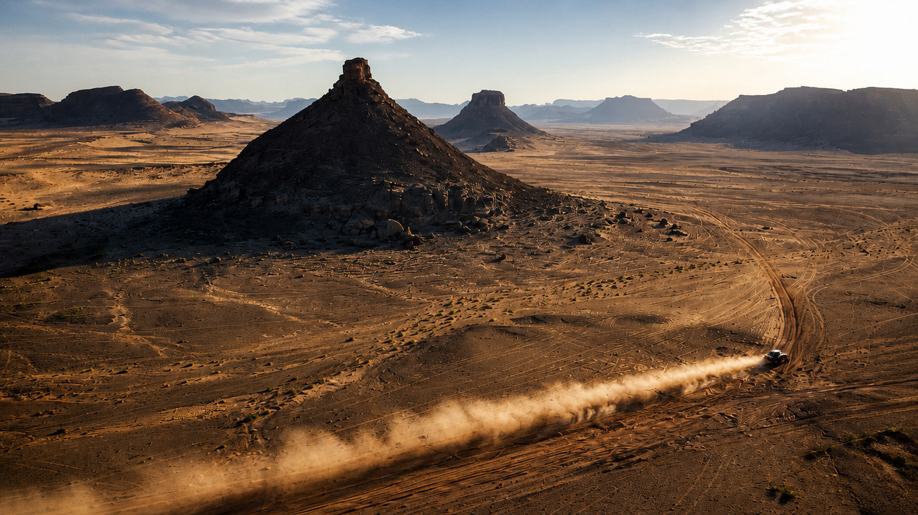 Wüstenlandschaft mit markanten Felsen und einem Auto, das eine Staubwolke auf sandiger Piste hinterlässt.