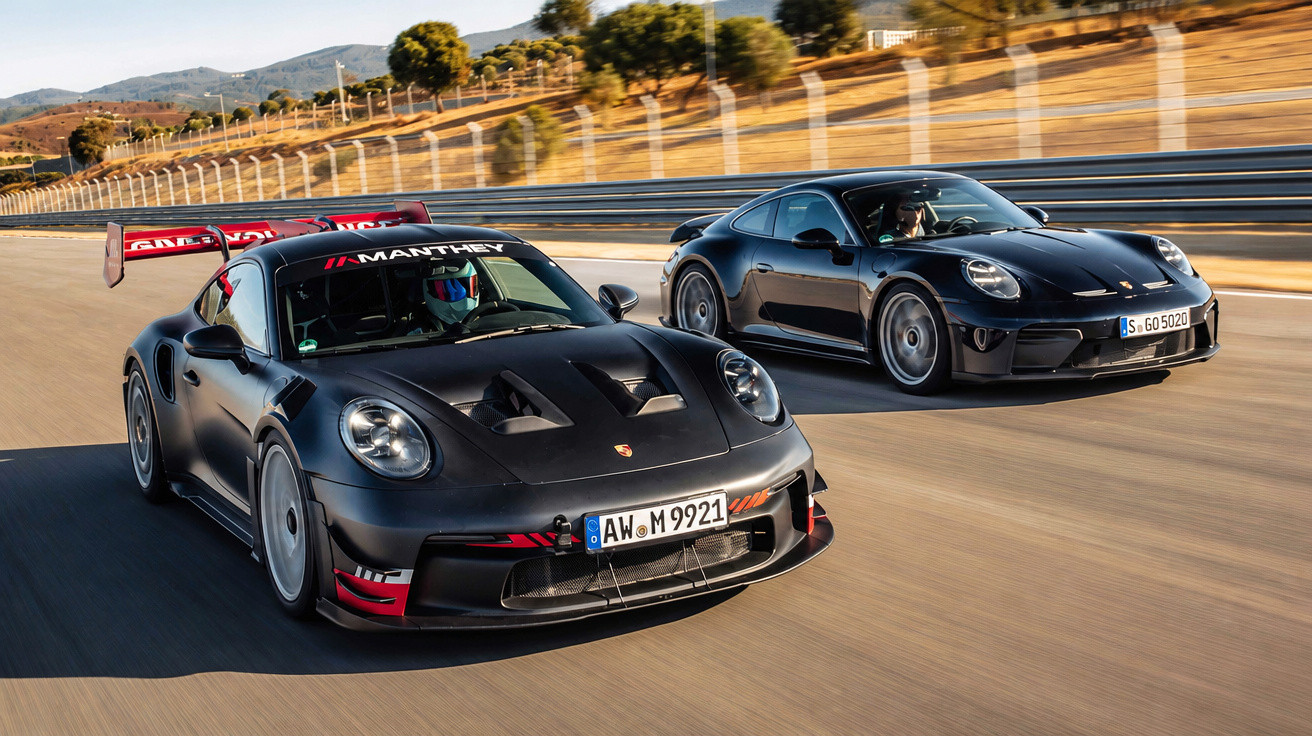 Zwei schwarze Porsche-Sportwagen fahren schnell auf einer Rennstrecke bei sonnigem Wetter.