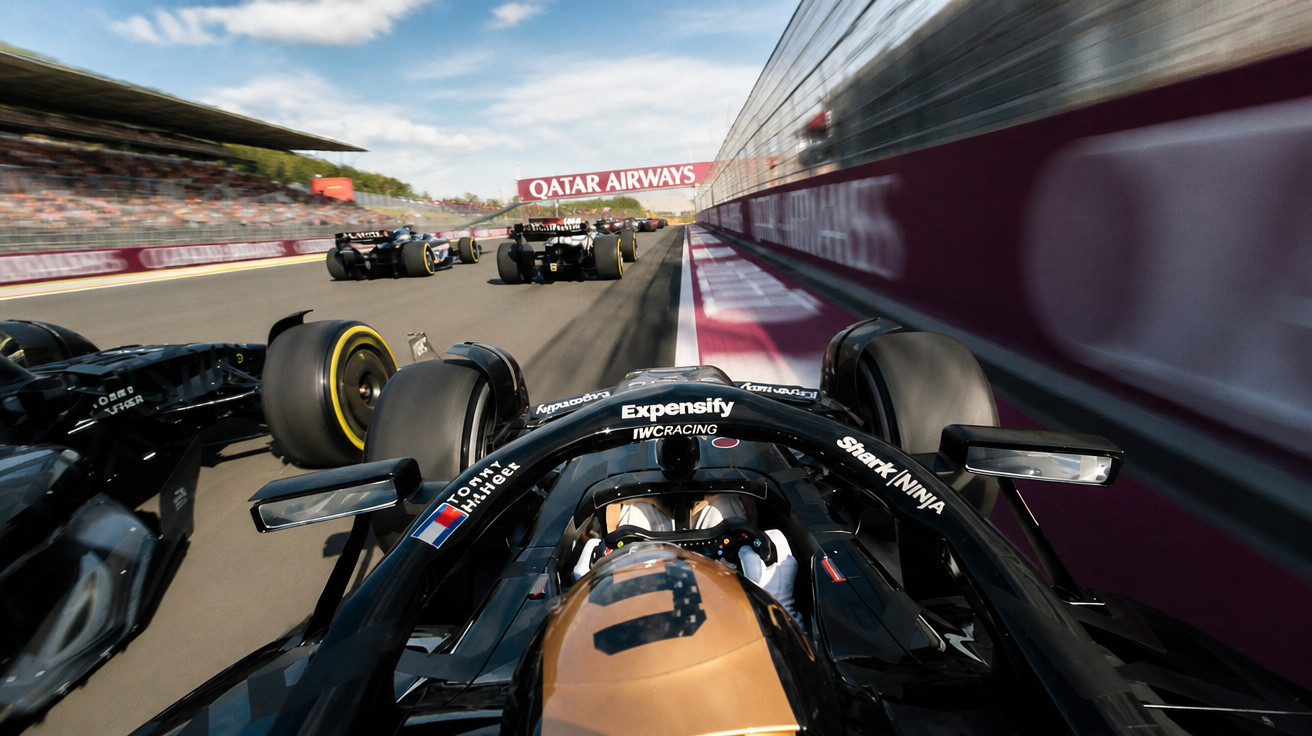 Blick aus Cockpit eines Formel-1-Rennwagens beim Rennen auf der Rennstrecke mit anderen Autos und Qatar Airways-Werbung.