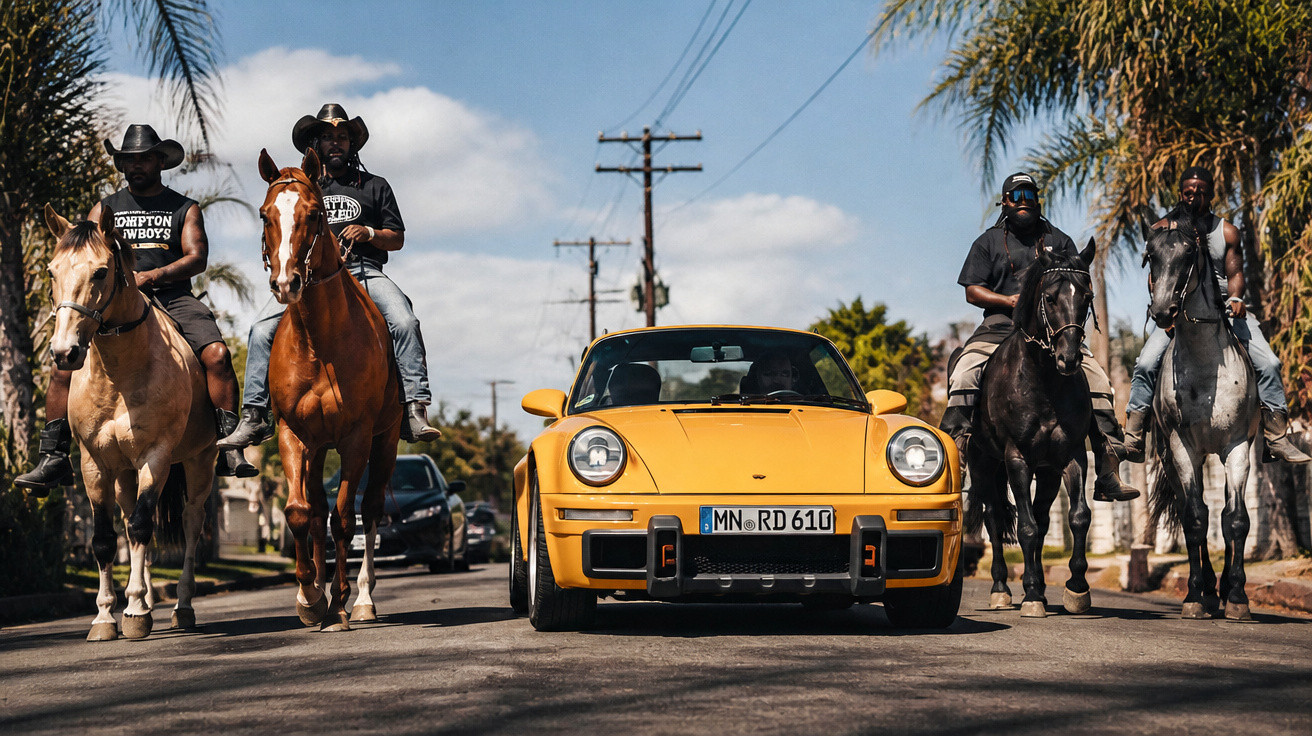 Gelber Sportwagen zwischen vier Cowboys auf Pferden auf einer sonnigen Straße mit Palmen.