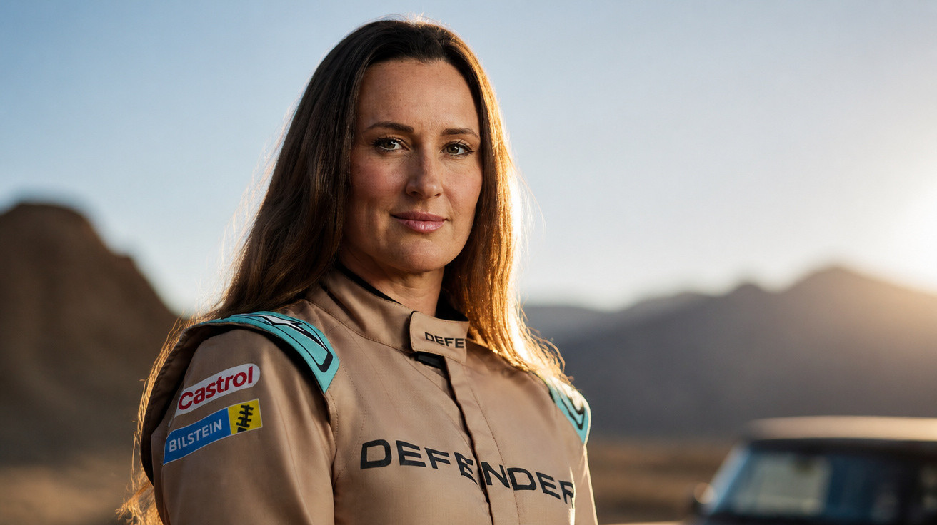 Frau im Rennanzug mit der Aufschrift „Defender“ vor einer Berglandschaft bei Sonnenuntergang.