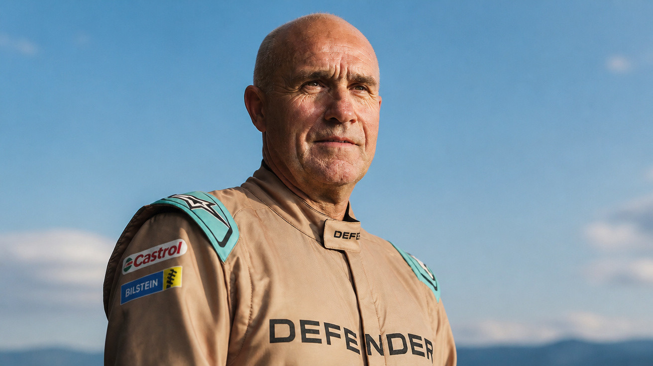 Porträt eines älteren Mannes im Rennanzug mit Schriftzug "DEFENDER" vor blauem Himmel.