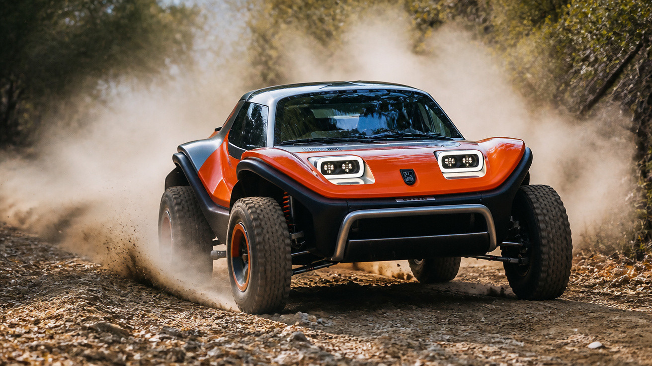 Oranger, sportlicher Offroad-Buggy fährt dynamisch auf staubigem Waldweg bei sonnigem Wetter.