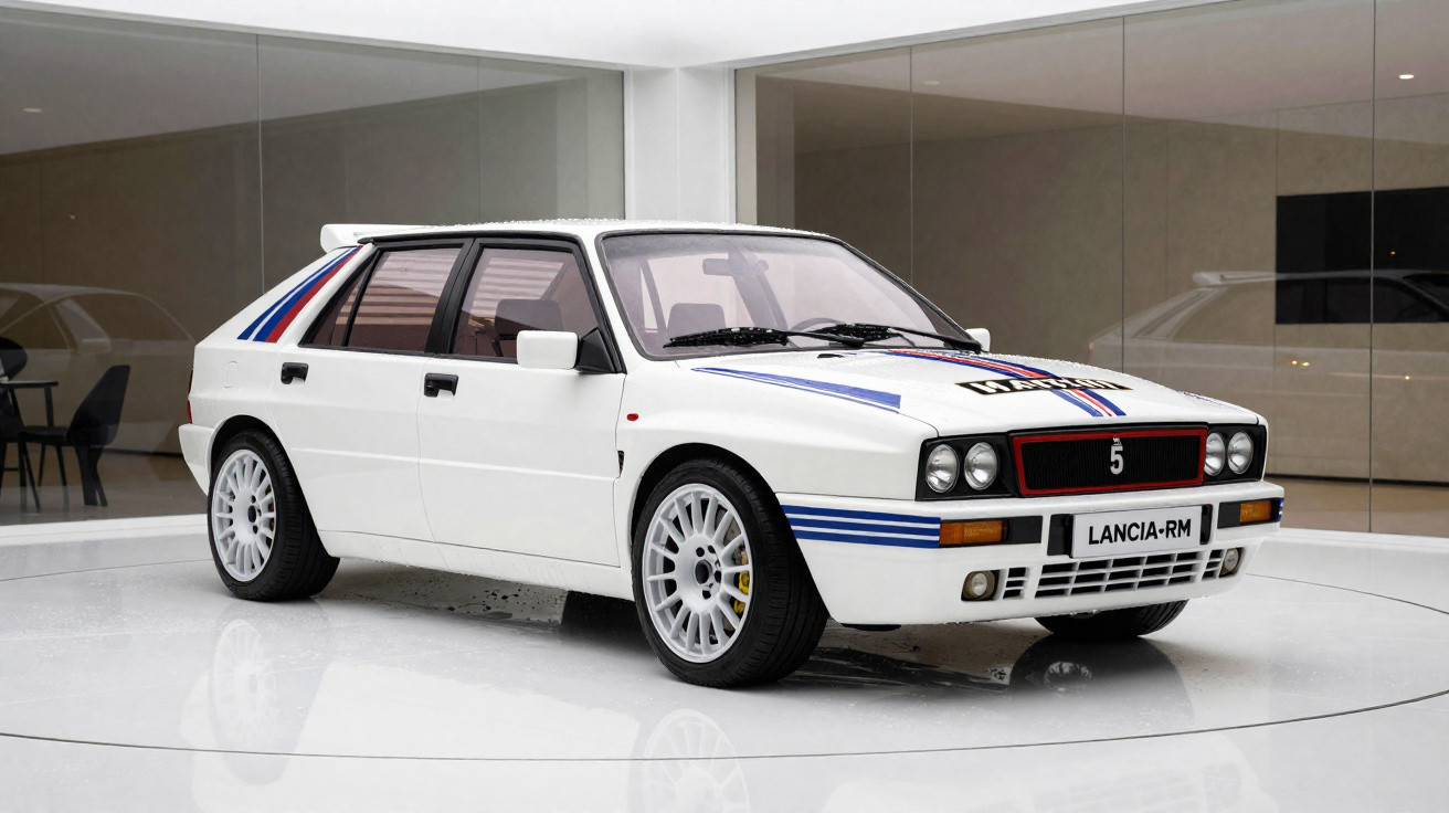 Weißer Lancia Delta Integrale mit Rallye-Streifen und sportlichen Felgen in modernem Ausstellungsraum.