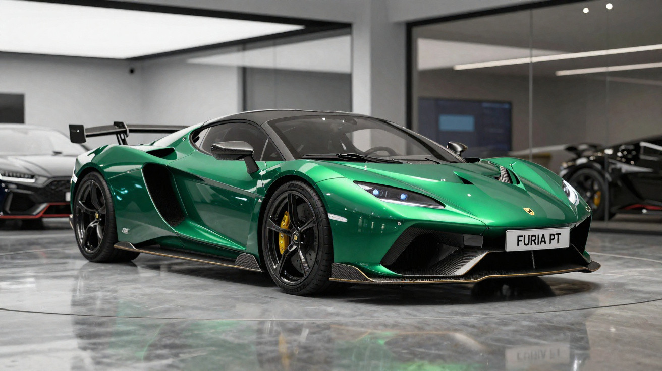 Grüner Lamborghini Supersportwagen mit schwarzem Dach und aerodynamischem Spoiler in moderner Ausstellungshalle.
