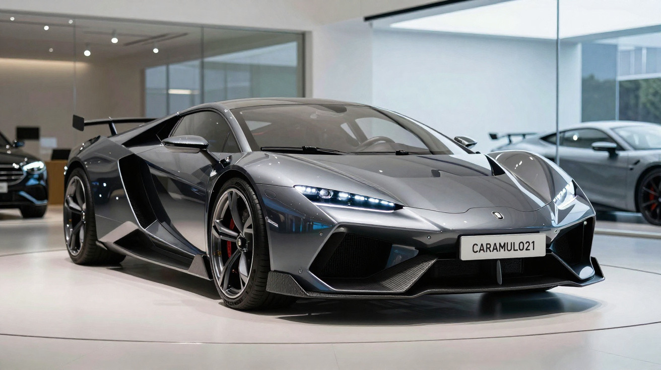 Dunkelgrauer Lamborghini Sportwagen mit scharfen Linien und LED-Scheinwerfern in einem Autohaus.